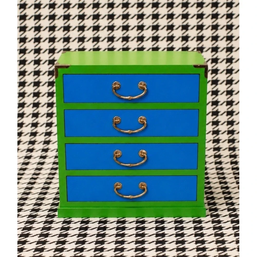 VTG Japan Wooden Mini Jewelry Chest 4 Drawer Tabletop Dresser Blue Green Whimsy